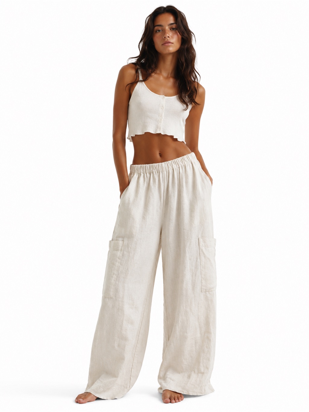 Bryn Walker Pull On Linen Lagonlook Boho Palazzo Cream Wide Leg Pants Xs